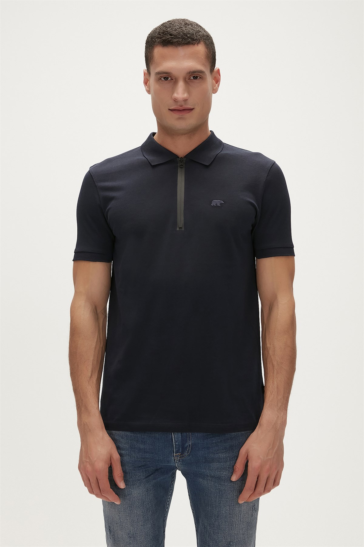 Cord Polo Navy Blue Zipper Mens Shirt