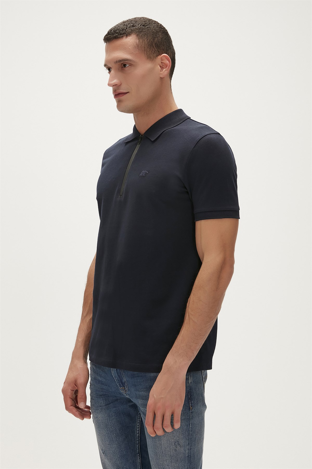 Cord Polo Navy Blue Zipper Mens Shirt