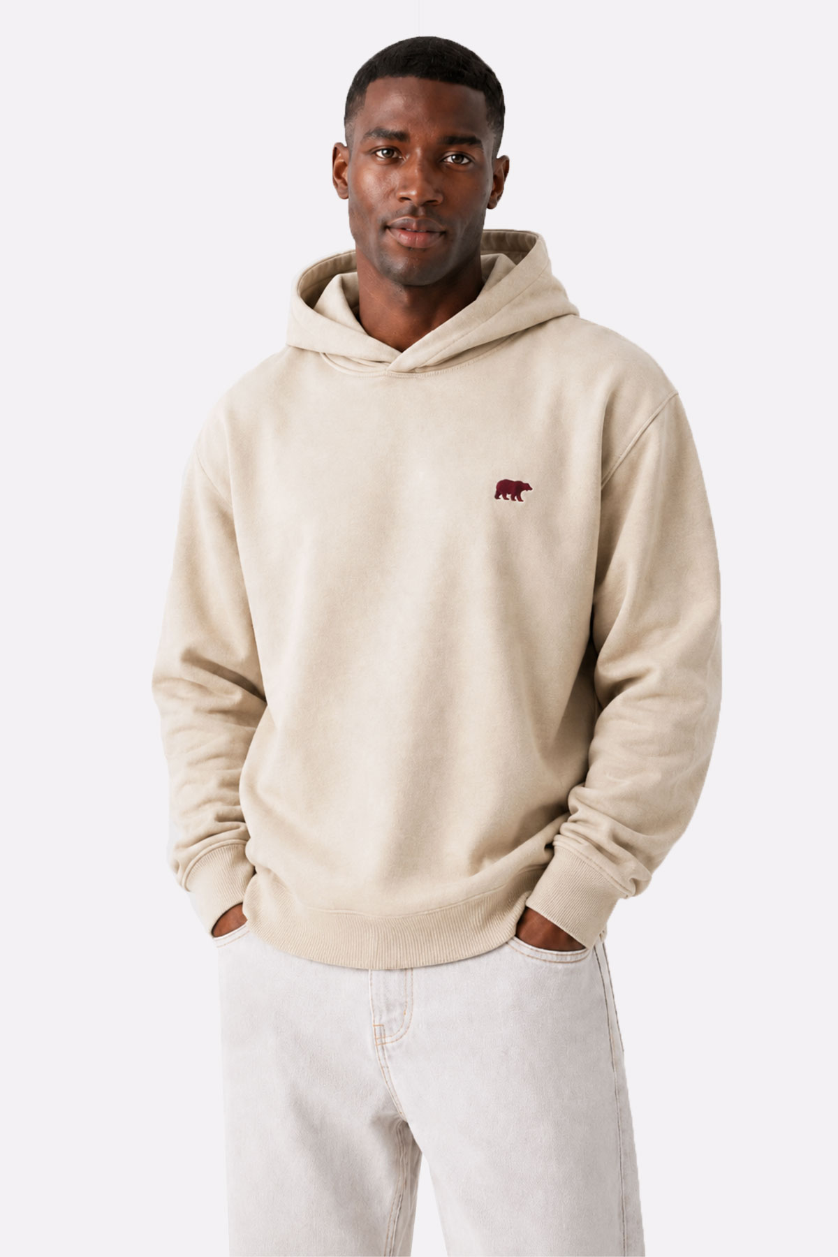 Steap Light Bej Sırt Baskılı Kapüşonlu Erkek Sweatshirt