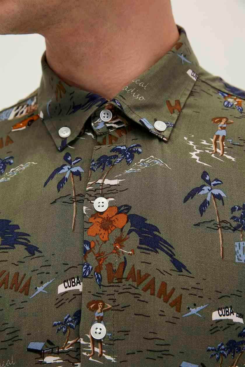 Hector Shirt Haki Kısa Kollu Baskılı Erkek Gömlek