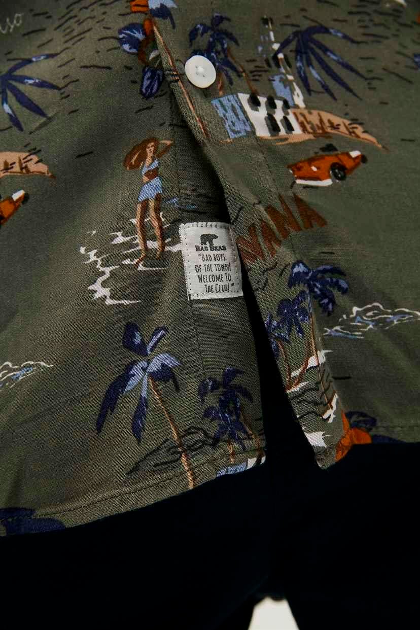 Hector Shirt Haki Kısa Kollu Baskılı Erkek Gömlek
