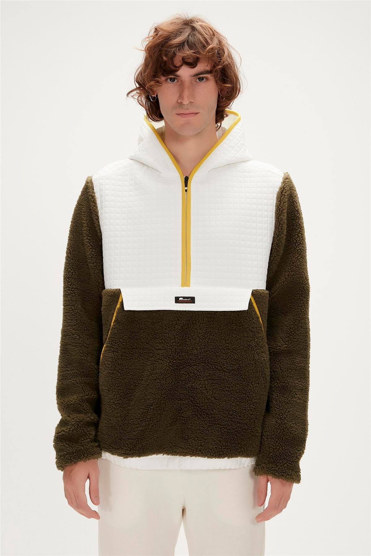 Leonard Plush Half-Zip Haki Peluş  Erkek Kapüşonlu Sweatshirt