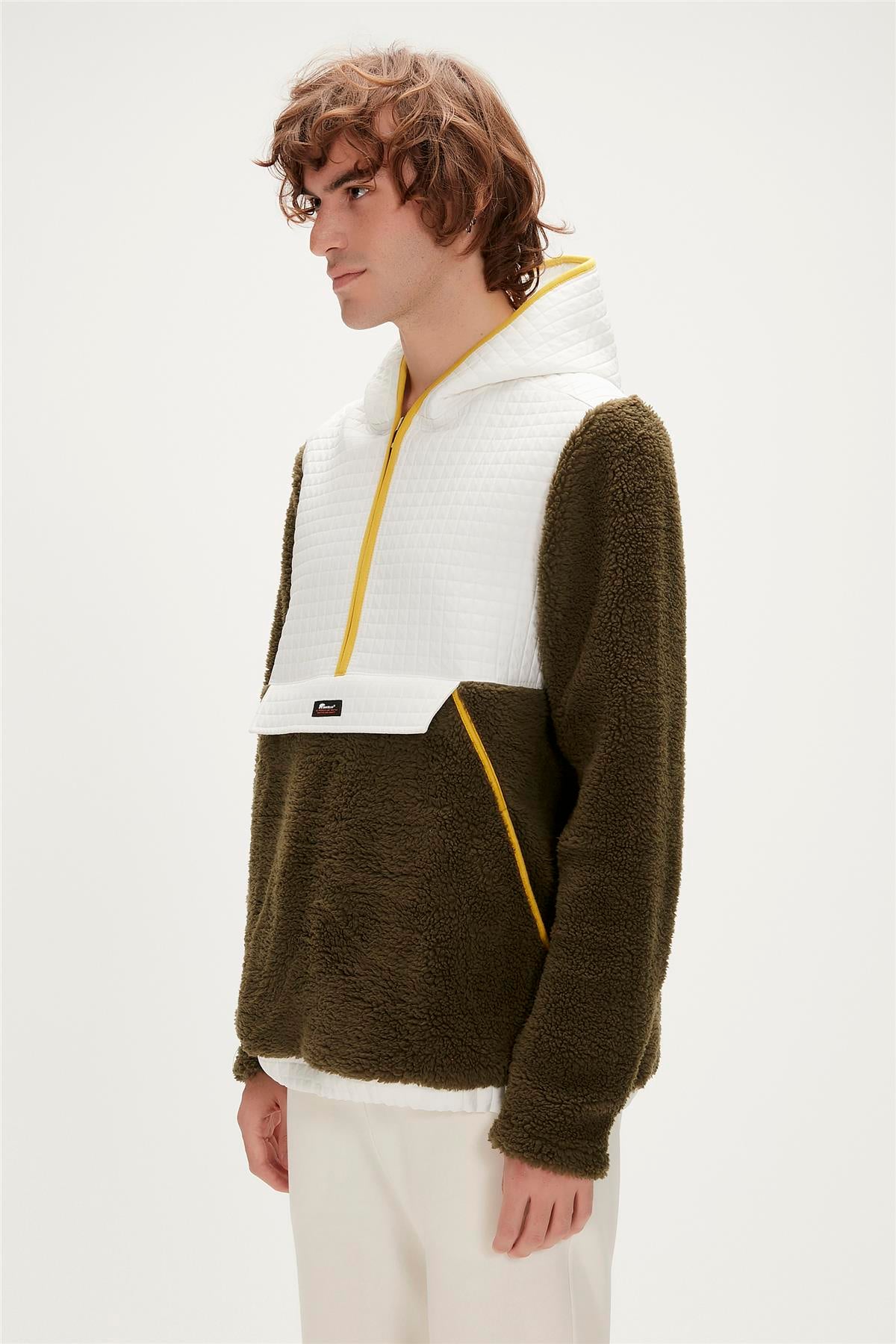 Leonard Plush Half-Zip Haki Peluş  Erkek Kapüşonlu Sweatshirt