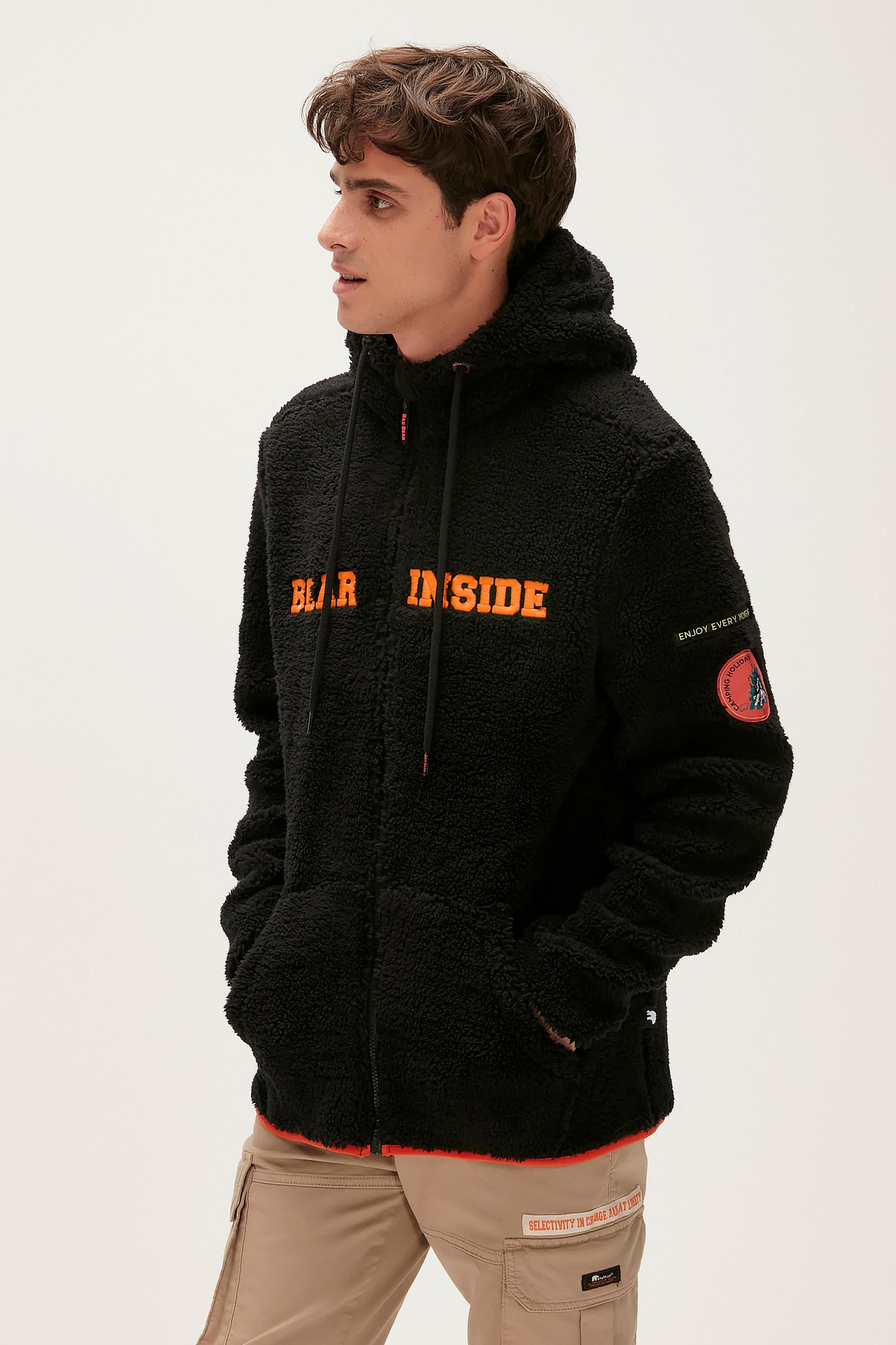 Shaggy Plush Full-Zip  Siyah Peluş Erkek Kapüşonlu Sweatshirt