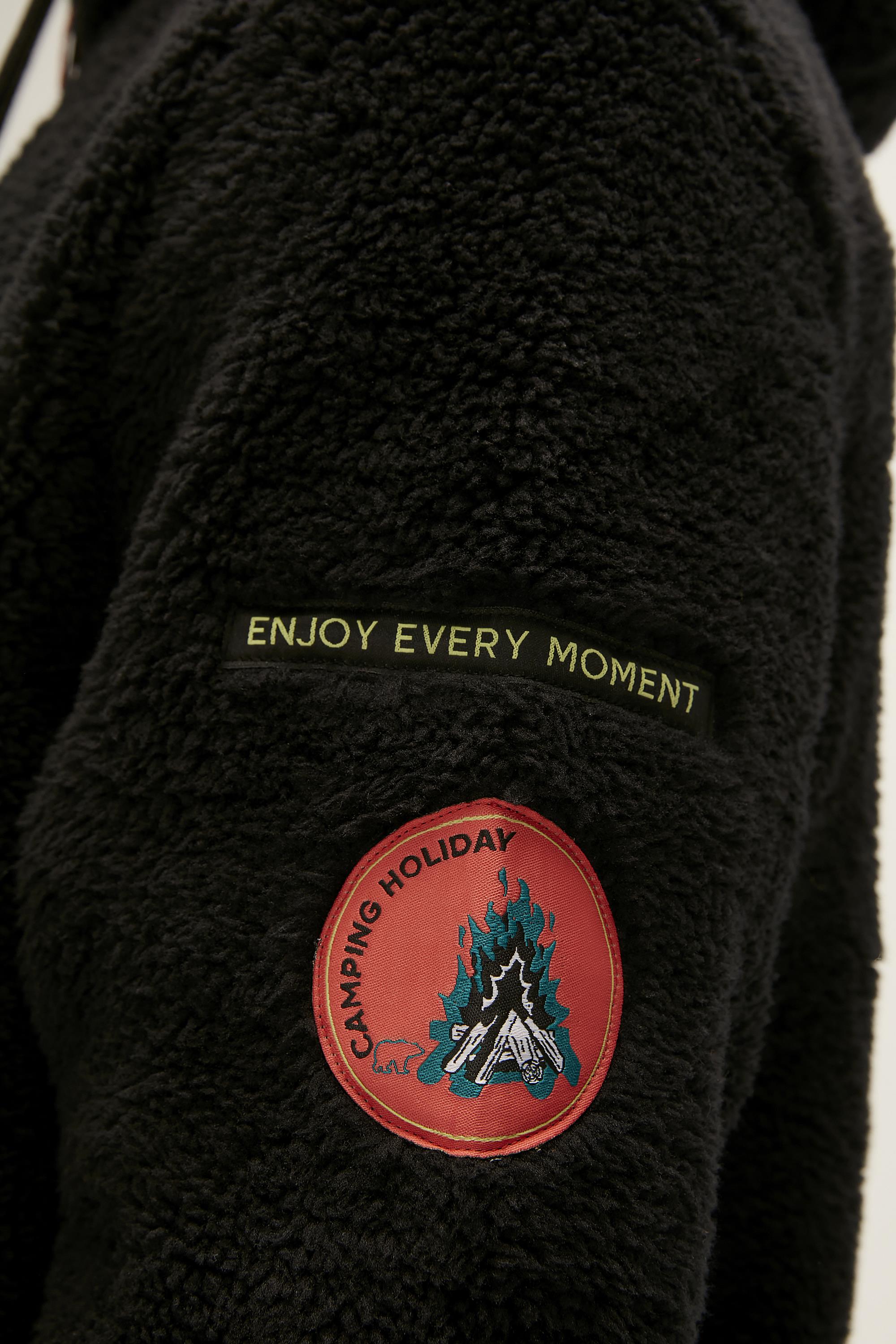 Shaggy Plush Full-Zip  Siyah Peluş Erkek Kapüşonlu Sweatshirt