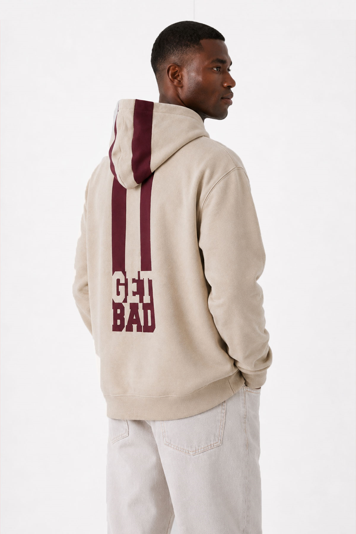 Steap Light Bej Sırt Baskılı Kapüşonlu Erkek Sweatshirt
