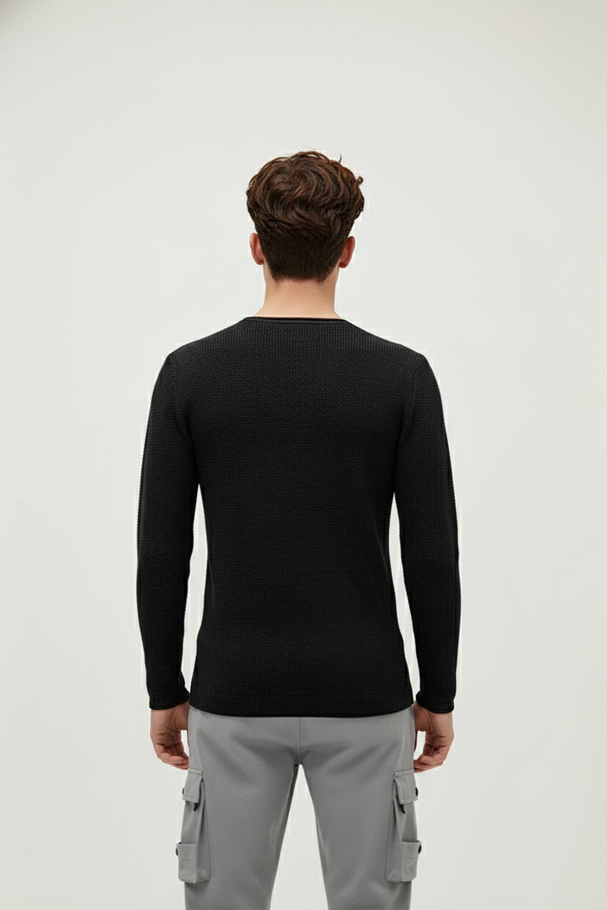 Dapple Knit Siyah Bisiklet Yaka Erkek Triko Kazak