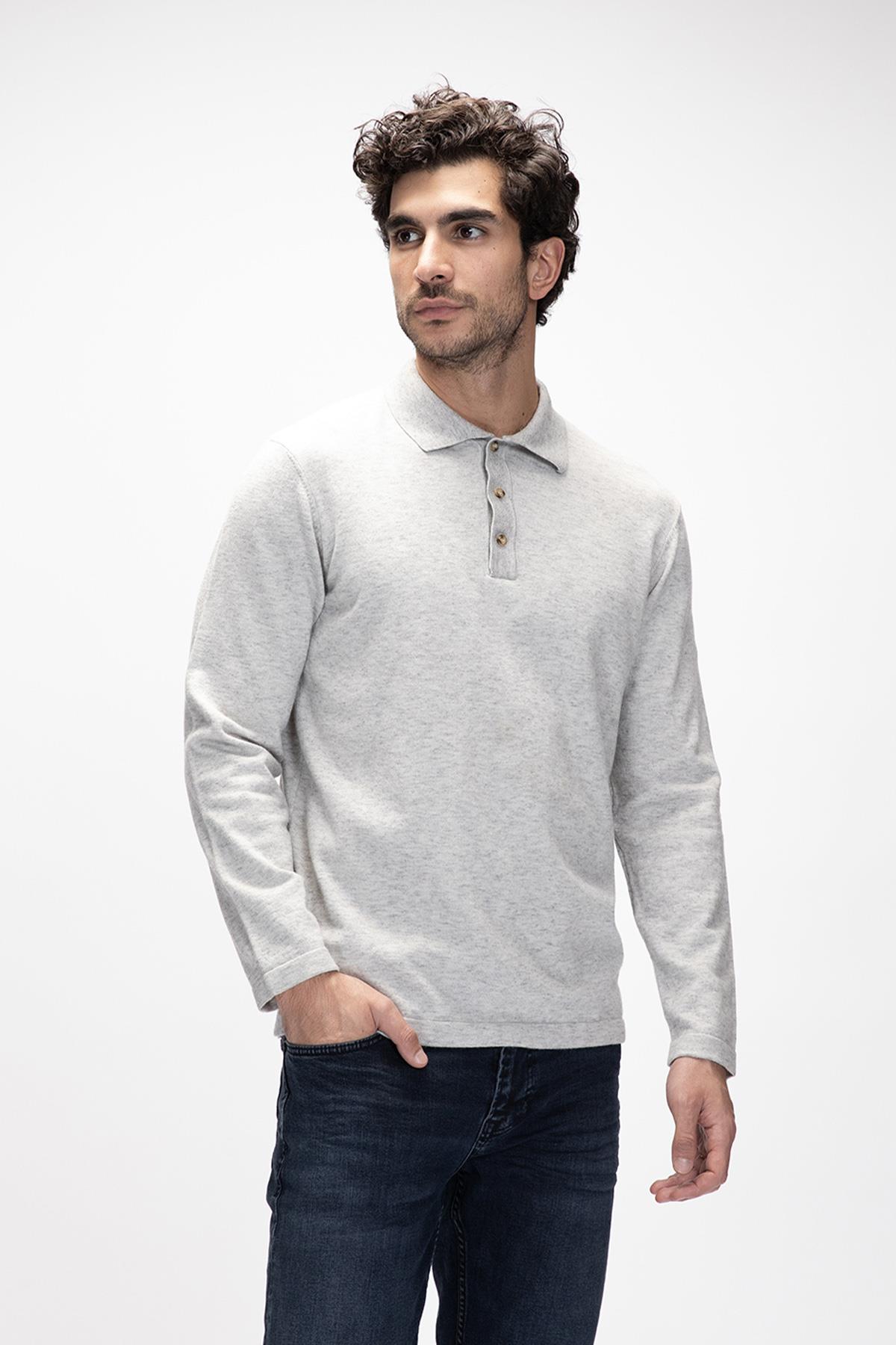 Kuger Gri Melanj Polo Yaka Erkek Triko Kazak