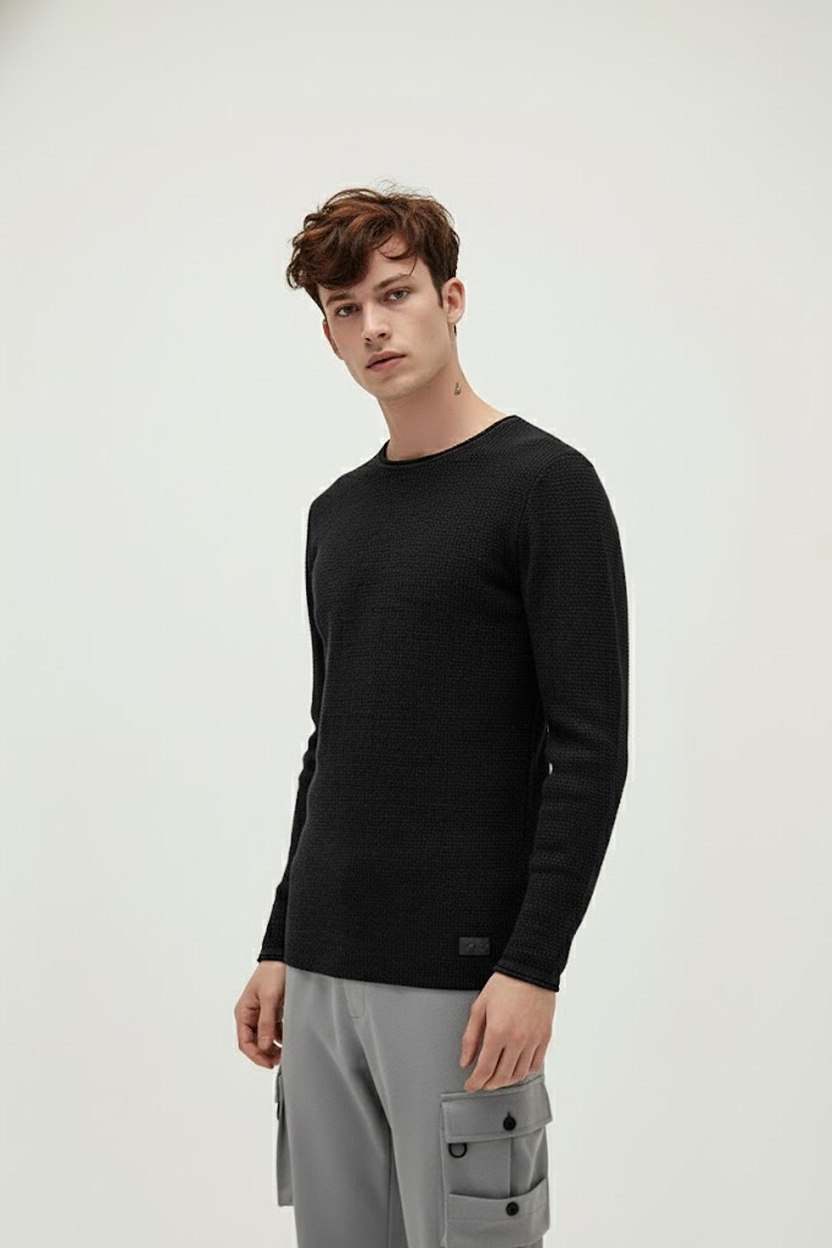 Dapple Knit Siyah Bisiklet Yaka Erkek Triko Kazak