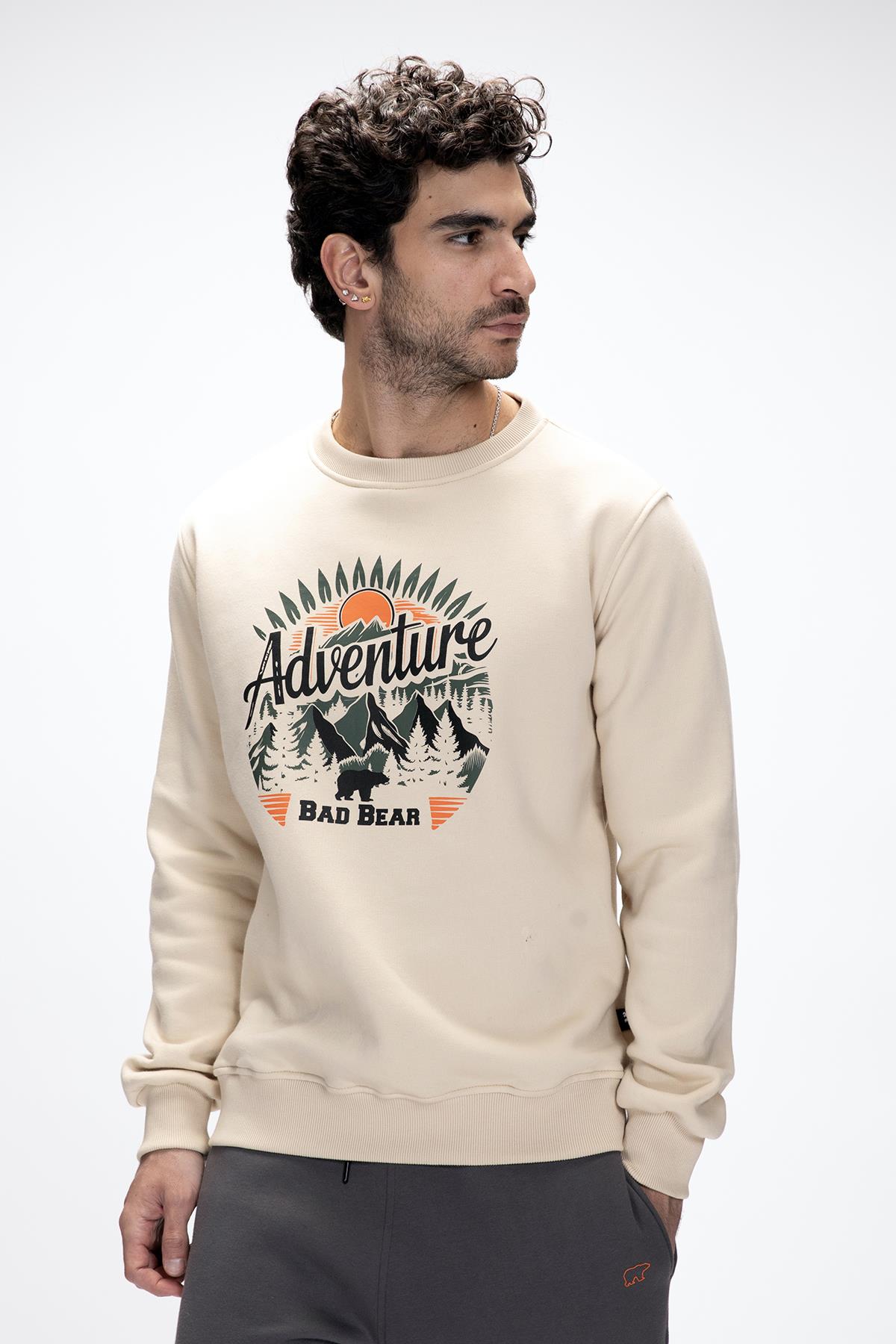 Adventure Bej Crewneck Erkek Baskılı Sweatshirt