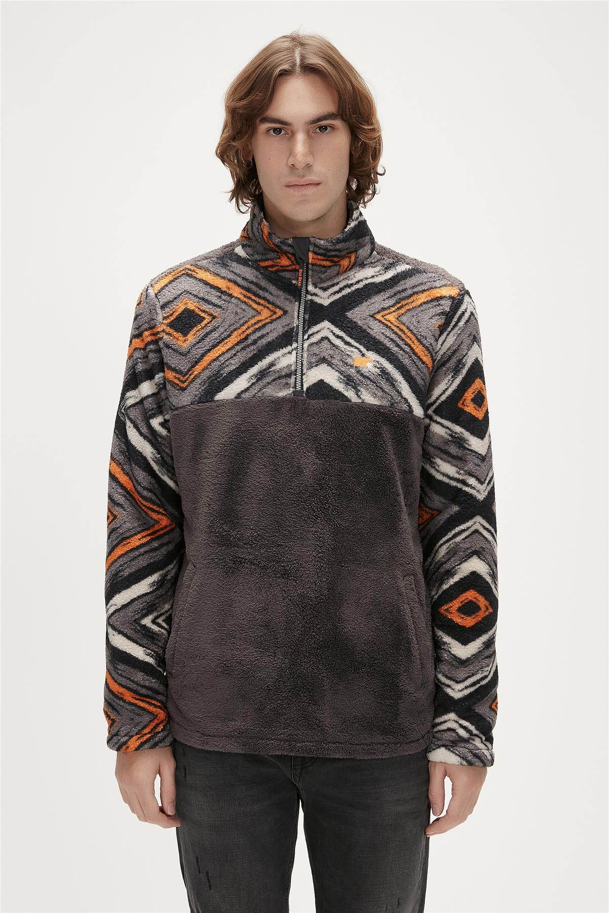 Afro Plush Half-Zip Antrasit Erkek Peluş Sweatshirt