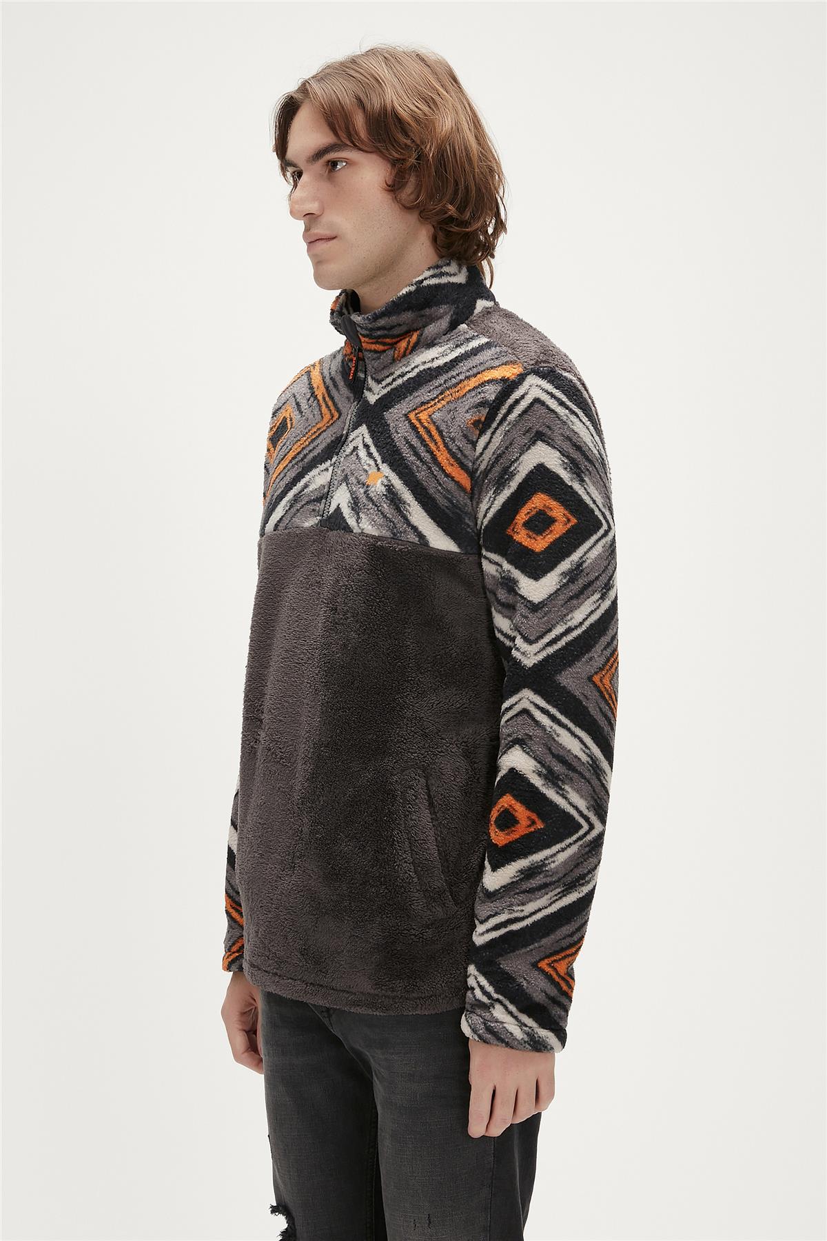 Afro Plush Half-Zip Antrasit Erkek Peluş Sweatshirt