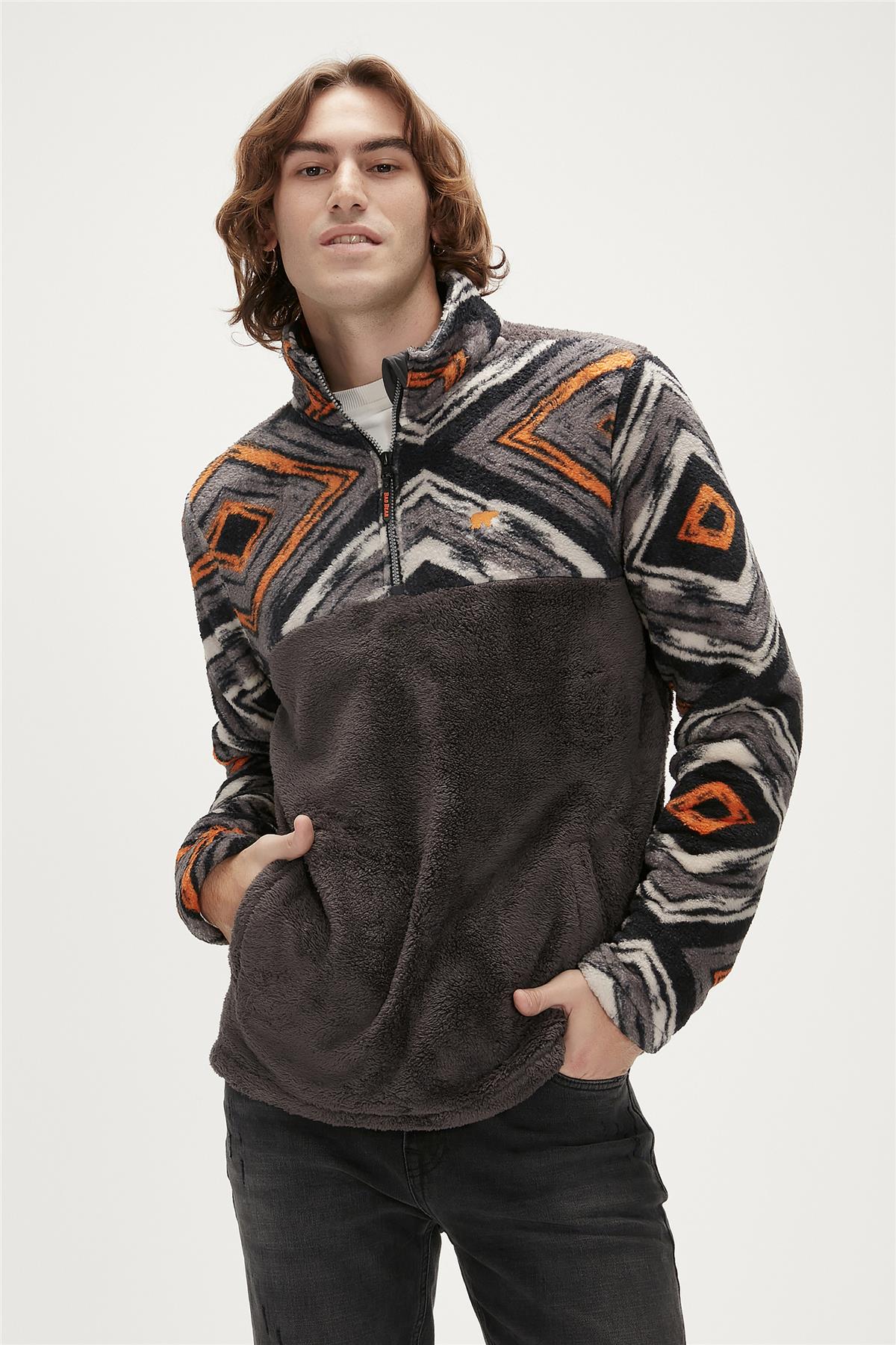 Afro Plush Half-Zip Antrasit Erkek Peluş Sweatshirt