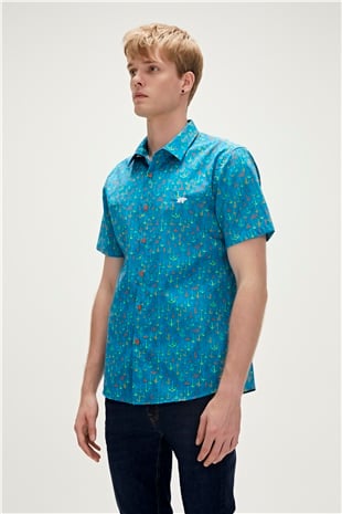 Anchor Shirt Mavi Kısa Kollu Baskılı Erkek Gömlek