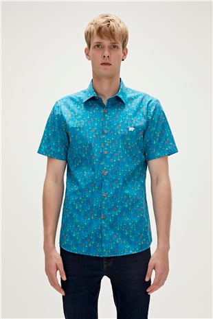 Anchor Shirt Mavi Kısa Kollu Baskılı Erkek Gömlek