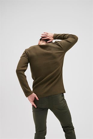 Dapple Knit Haki Yeşil Bisiklet Yaka Erkek Triko Kazak