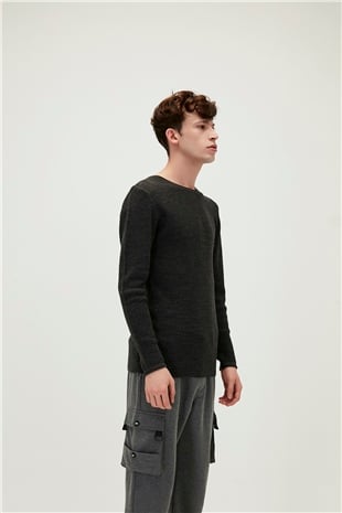 Dapple Knit Antrasit Bisiklet Yaka Erkek Triko Kazak