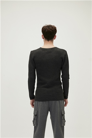 Dapple Knit Antrasit Bisiklet Yaka Erkek Triko Kazak
