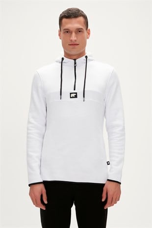 Defence Half-Zip Hoodie Beyaz Yarım Fermuarlı Kapüşonlu Erkek Sweatshirt
