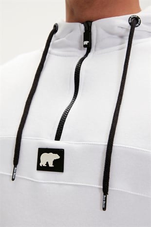 Defence Half-Zip Hoodie Beyaz Yarım Fermuarlı Kapüşonlu Erkek Sweatshirt