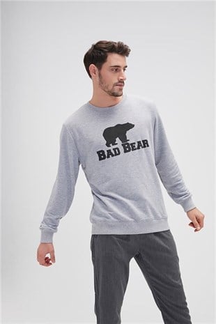 Bad Bear Crewneck Gri Melanj Baskılı Erkek Sweatshirt