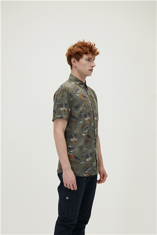 Hector Shirt Haki Kısa Kollu Baskılı Erkek Gömlek