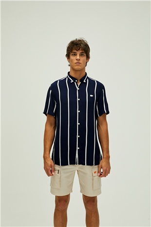 Sergio Shirt Lacivert Kısa Kollu Çizgili Erkek Gömlek