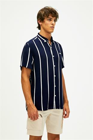 Sergio Shirt Lacivert Kısa Kollu Çizgili Erkek Gömlek