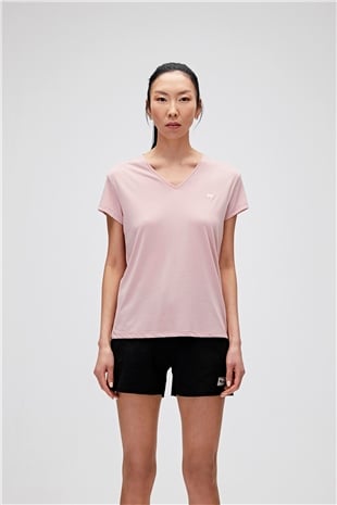 Violet V-Neck T-Shirt Pudra Pembe Basic Kadın Tişört