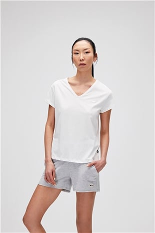 Violet V-Neck T-Shirt Off-White Beyaz Basic Kadın Tişört