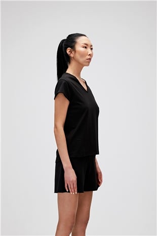 Violet V-Neck T-Shirt Siyah Basic Kadın Tişört