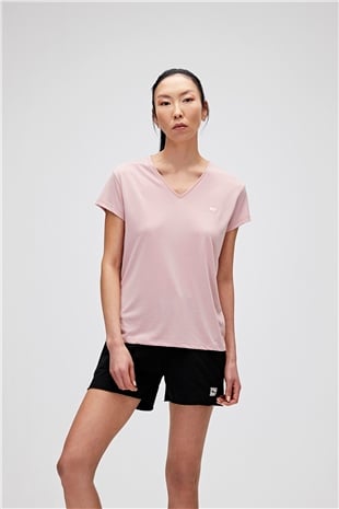 Violet V-Neck T-Shirt Pudra Pembe Basic Kadın Tişört