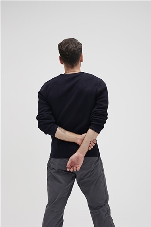 Dapple Knit Lacivert Bisiklet Yaka Erkek Triko Kazak