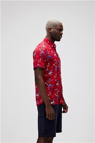 Hector Shirt Kırmızı Kısa Kollu Baskılı Erkek Gömlek