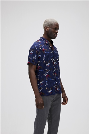 Hector Shirt Lacivert Kısa Kollu Baskılı Erkek Gömlek