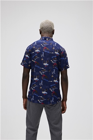 Hector Shirt Lacivert Kısa Kollu Baskılı Erkek Gömlek