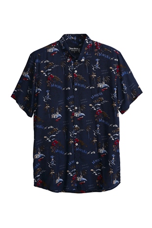 Hector Shirt Lacivert Kısa Kollu Baskılı Erkek Gömlek
