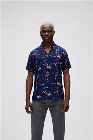 Hector Shirt Lacivert Kısa Kollu Baskılı Erkek Gömlek