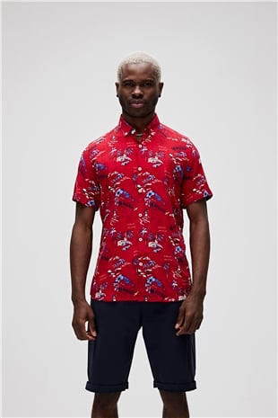 Hector Shirt Kırmızı Kısa Kollu Baskılı Erkek Gömlek