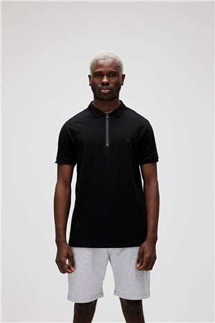 Cord Siyah Polo Yaka Fermuarlı Erkek T-Shirt