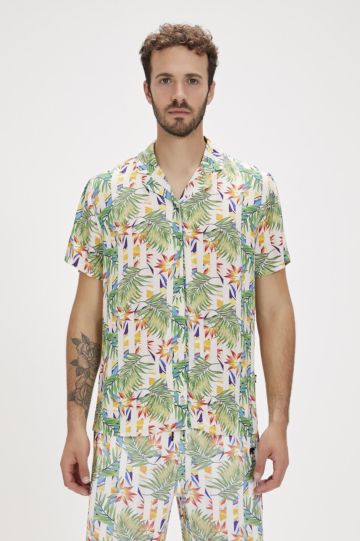 Bloom Beyaz Baskılı Erkek Gömlek