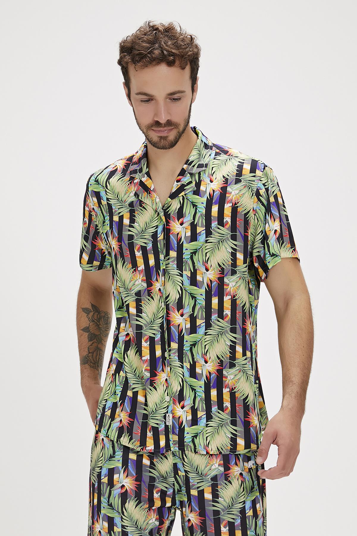 Bloom Siyah Baskılı Erkek Gömlek