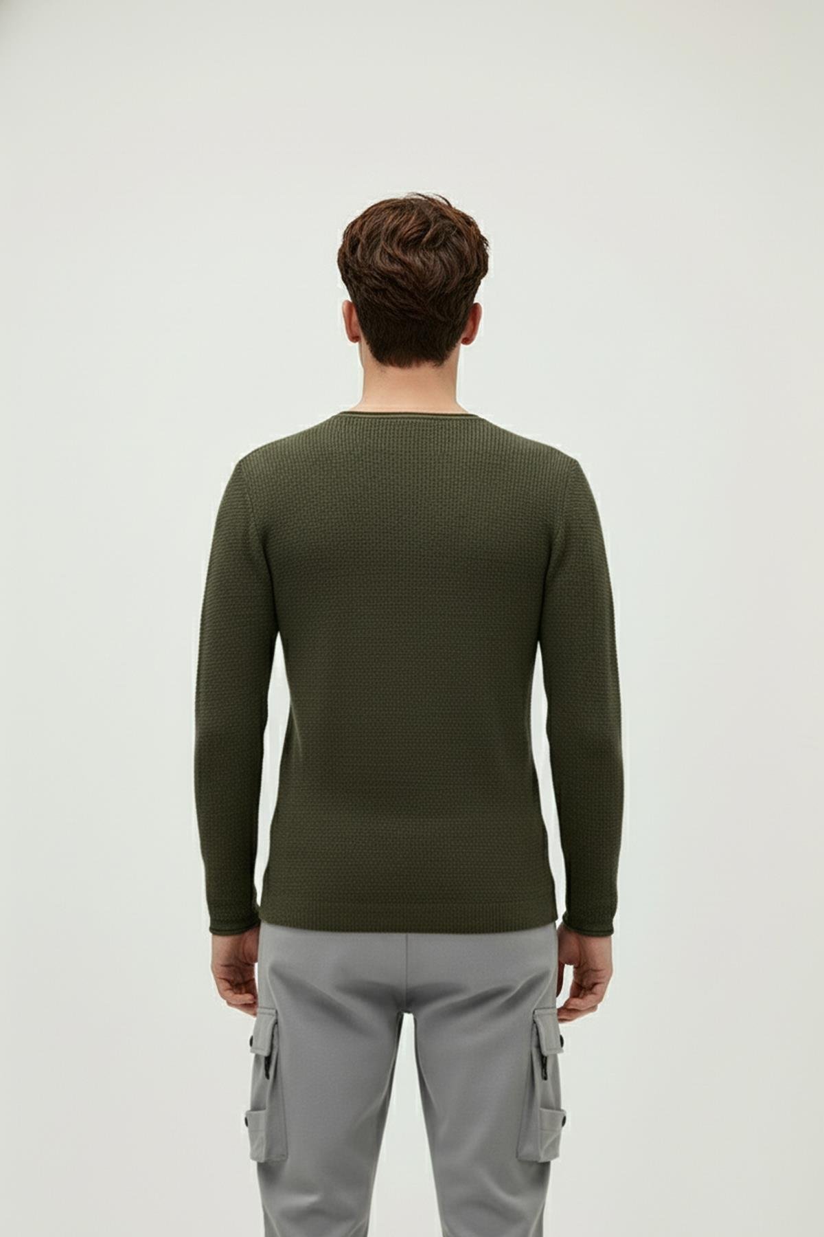 Dapple Knit Haki Yeşil Bisiklet Yaka Erkek Triko Kazak