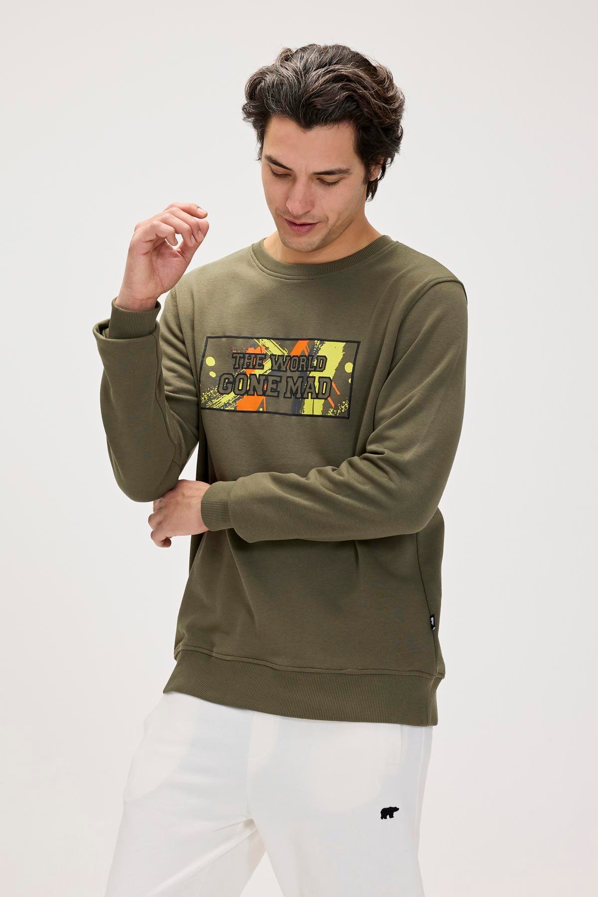 Caen Haki Erkek Baskılı Sweatshirt