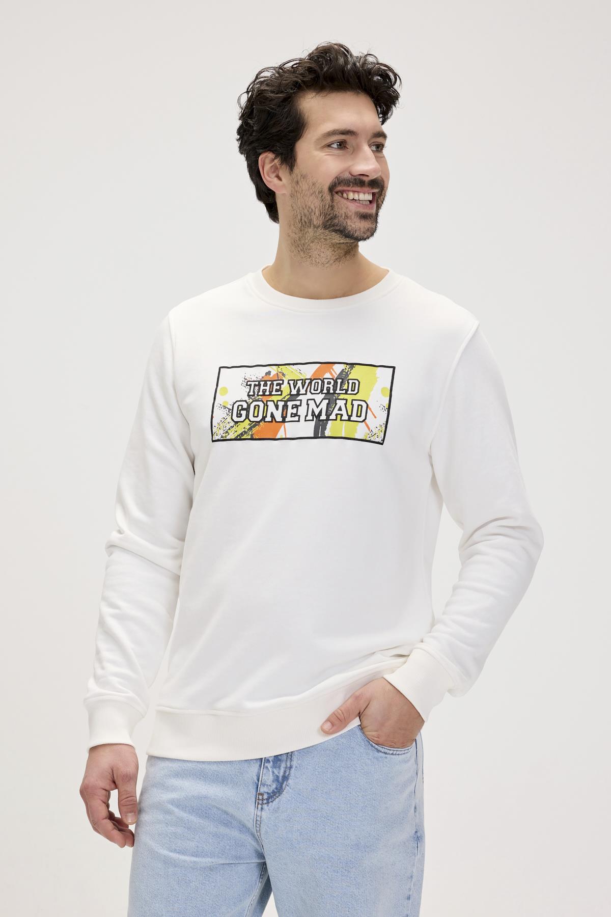 Caen Beyaz Erkek Baskılı Sweatshirt