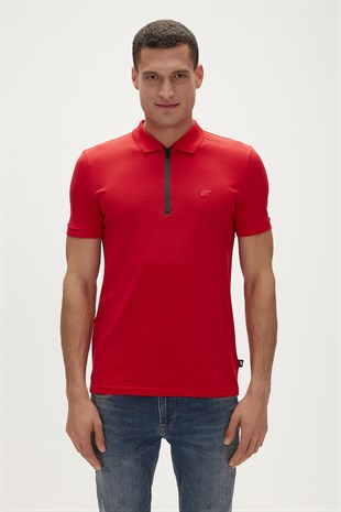 Cord Crimson Red Kırmızı Polo Yaka Fermuarlı Erkek T-Shirt