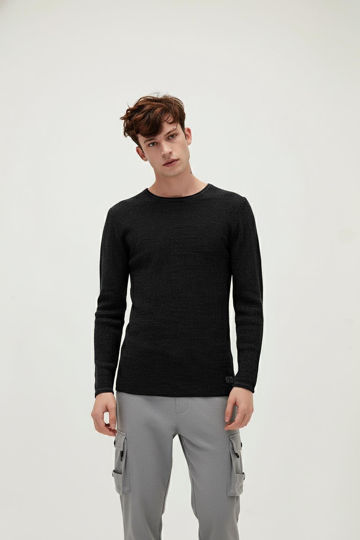 Dapple Knit Siyah Bisiklet Yaka Erkek Triko Kazak