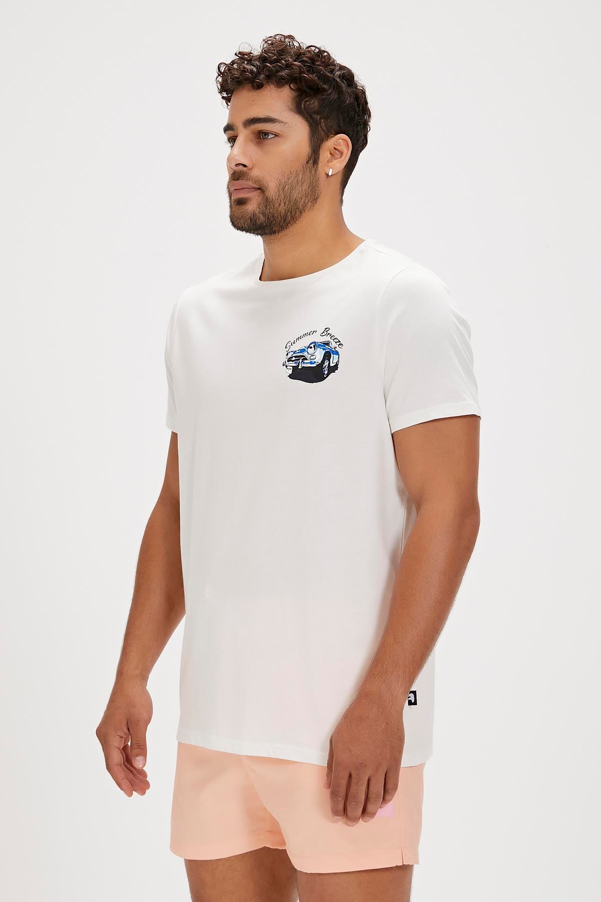 Dustin Beyaz Baskılı Erkek Tişört