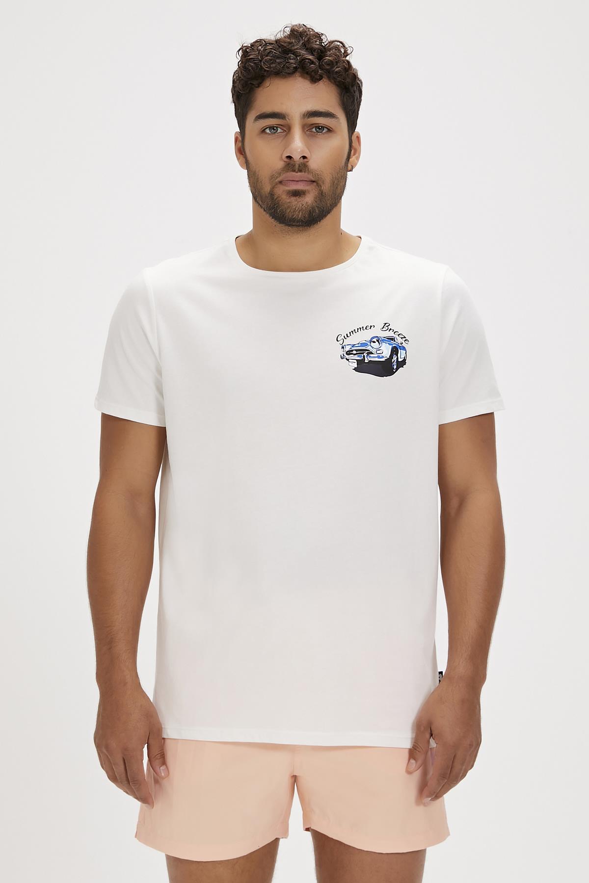 Dustin Beyaz Baskılı Erkek Tişört