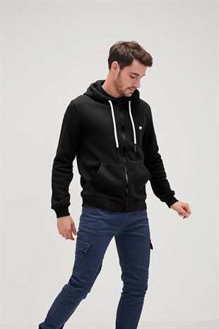 Even Full-Zip Hoodie Siyah Fermuarlı Kapüşonlu Erkek Sweatshirt